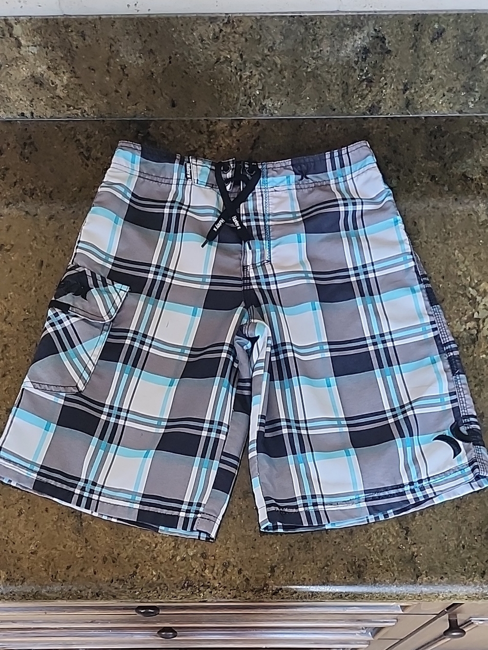 Hurley - Gray White & Teal Plaid Board Shorts Surf Trunks Beachwear - Size 12